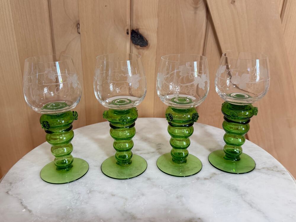 Vintage Theresienthal Rhein Etched Romer Green Wine Glass - Set of 4, Germany